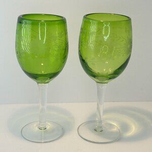 World Market Goblet Glasses Set of 2 Green Clear stems Etched floral Christmas